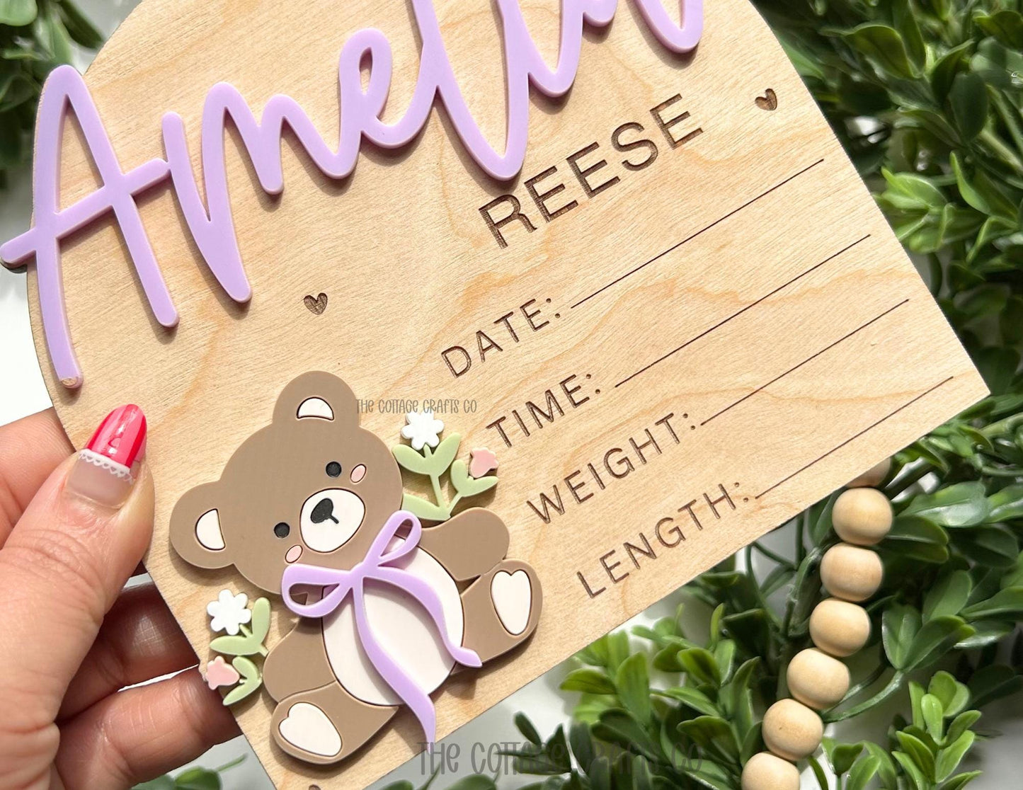 Birth Announcement, Floral Name Sign,Fresh 48 Name Plaque,Hi My Name Is,Newborn Photo Prop, Baby girl Birth Sign, Teddy Bear Baby Sign