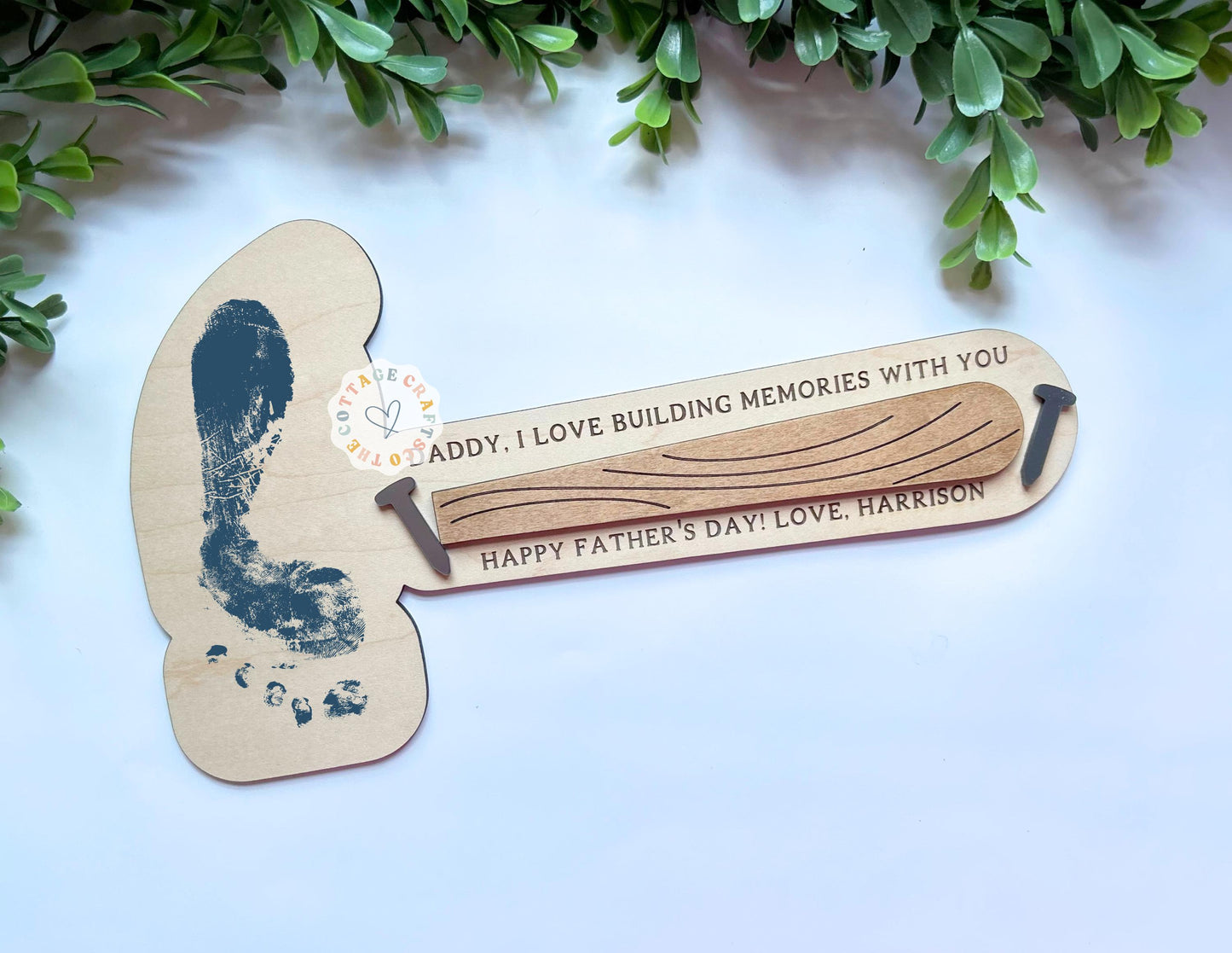 Father's Day Foot Print Sign,Personalized Father's Day Sign, Kids DIY,Building Memories Hammer, Gift for Dad from Kid, Keepsake Gift