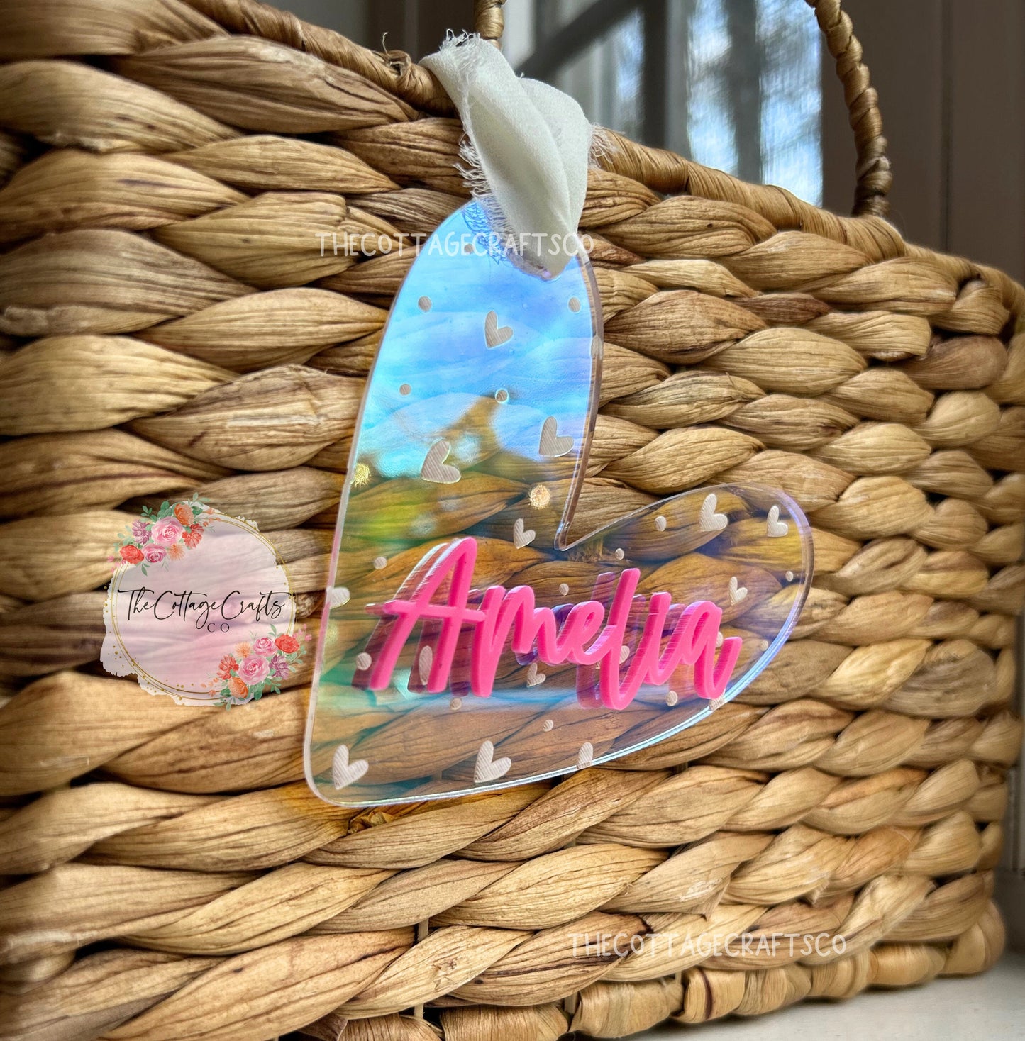 Personalized Iridescent Acrylic Heart Tag: Valentine's Day Basket Gift