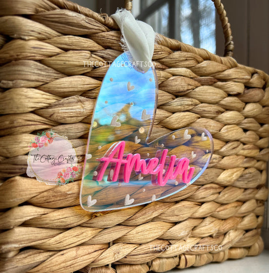 Personalized Iridescent Acrylic Heart Tag: Valentine's Day Basket Gift