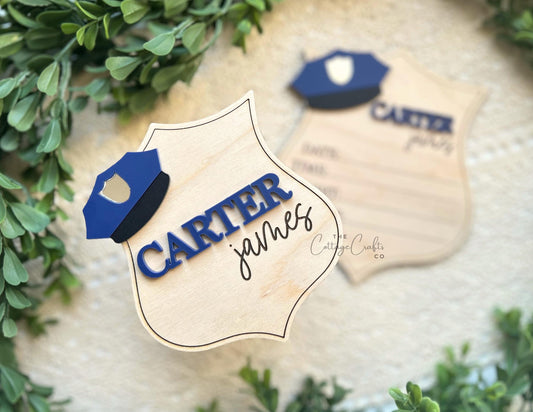 Personalized Wooden Birth Announcement Sign: Police Officer Photo Prop