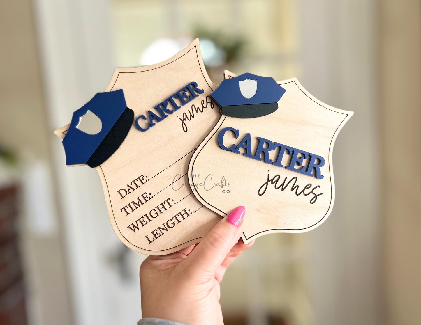 Personalized Wooden Birth Announcement Sign: Police Officer Photo Prop