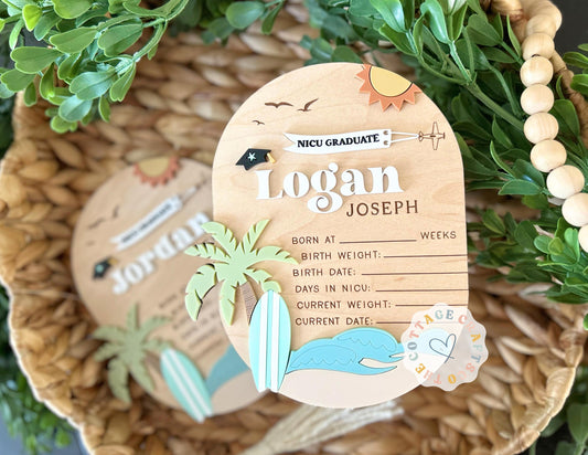 Surfer Baby Stat Sign, NICU Grad Sign, Baby Name Announcement,  nicu sign for Hospital, Beach baby Sign