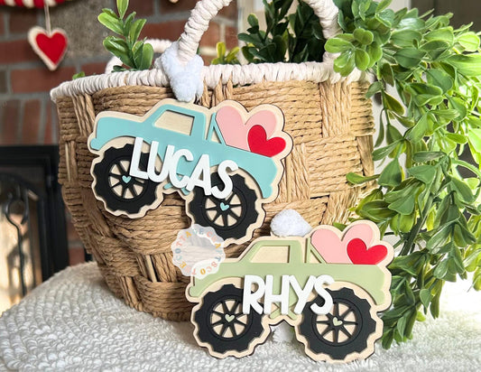 Monster Truck Tag,Personalized, Love Basket, Gift for Kids,Personalized Valentine's Day Name Tag, Valentine's Day Heart Tag, Truck Name Tag