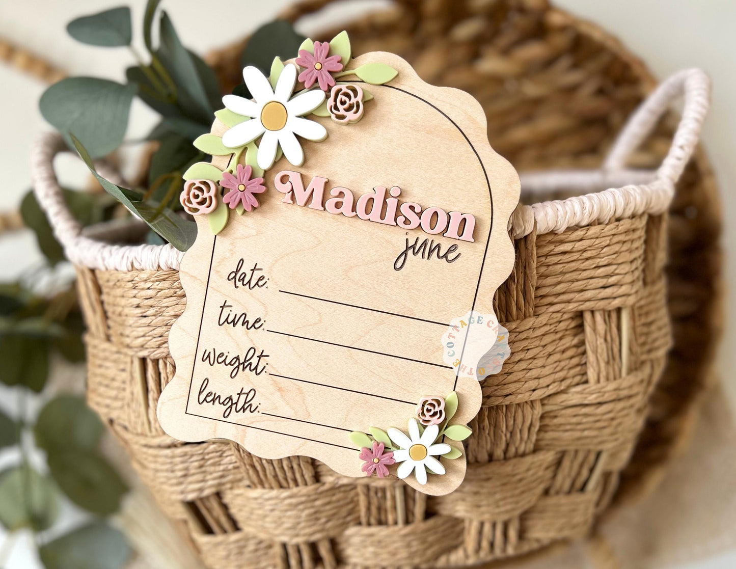 Personalized Baby Birth Announcement Sign, Hospital Birth Announcement Photo Prop, Floral Nursery Keepsake Decor