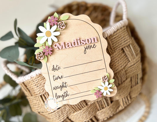 Personalized Baby Birth Announcement Sign, Hospital Birth Announcement Photo Prop, Floral Nursery Keepsake Decor