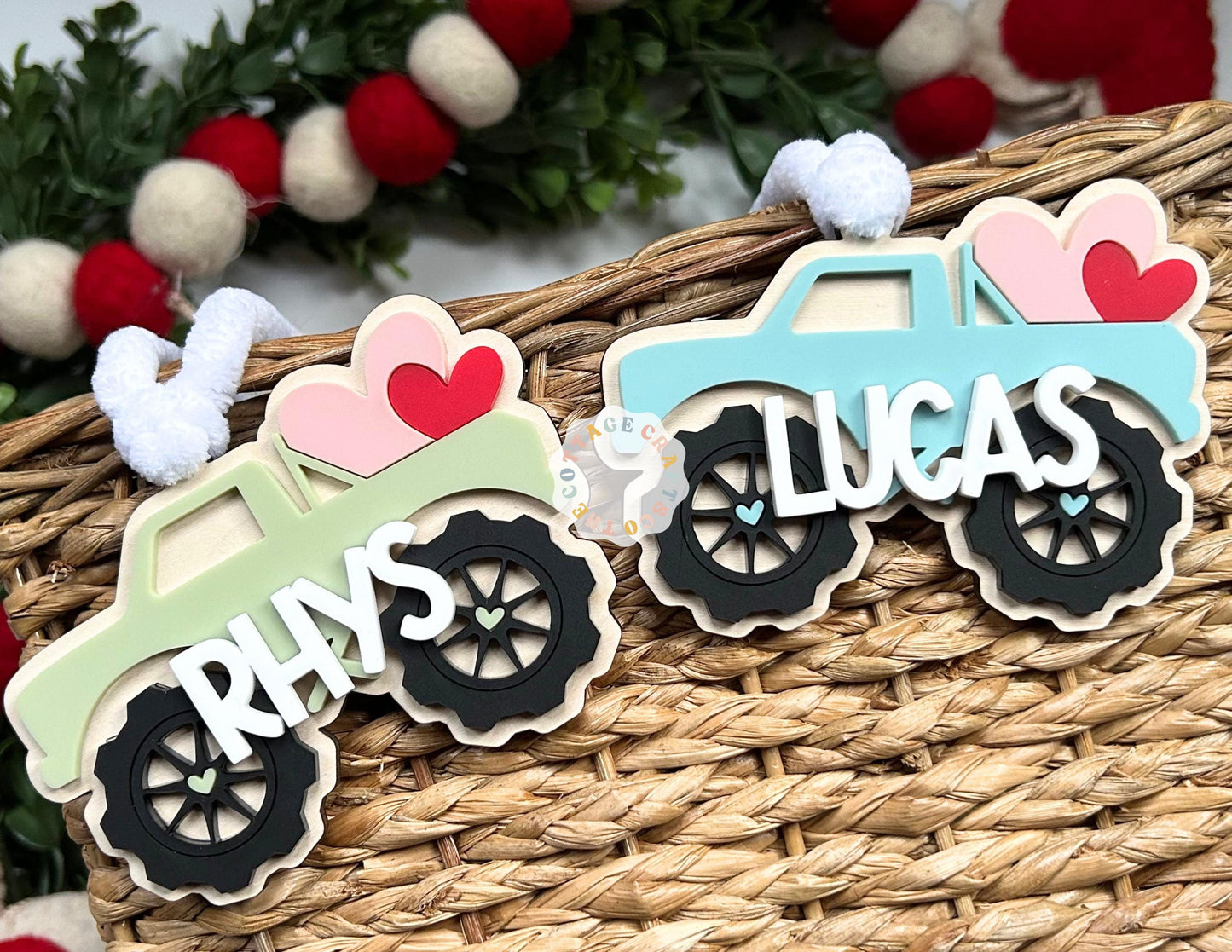 Monster Truck Tag,Personalized, Love Basket, Gift for Kids,Personalized Valentine's Day Name Tag, Valentine's Day Heart Tag, Truck Name Tag
