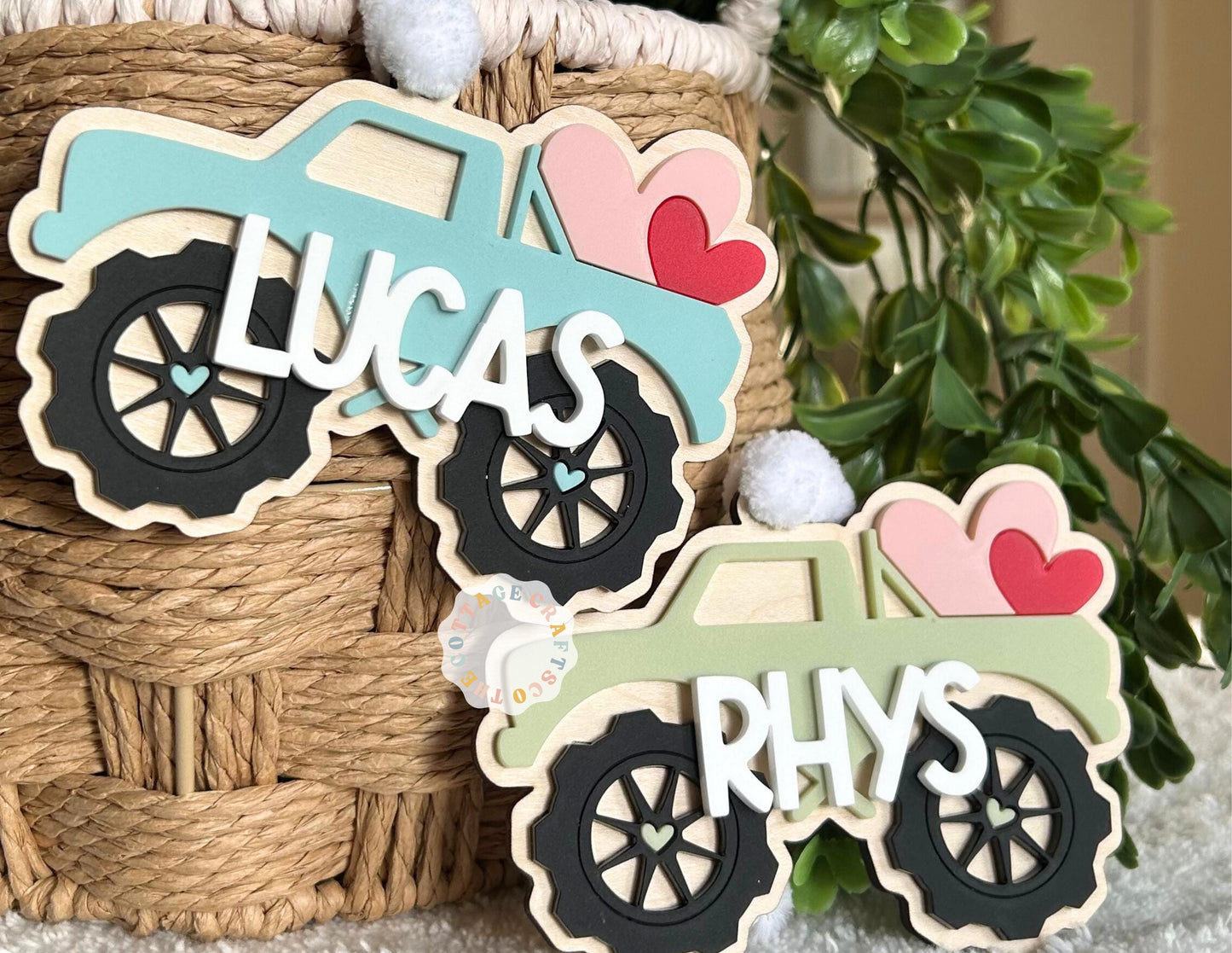 Monster Truck Tag,Personalized, Love Basket, Gift for Kids,Personalized Valentine's Day Name Tag, Valentine's Day Heart Tag, Truck Name Tag