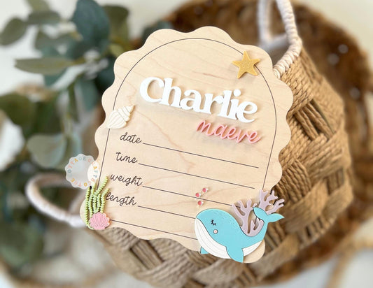 Personalized Baby Birth Announcement Sign, Ocean Theme Wooden Nursery Decor