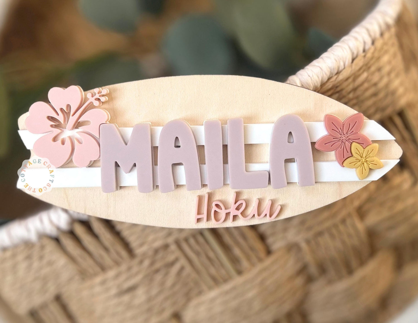 Personalized Surfboard Baby Name Sign, Girl Nursery Wall Decor, Newborn Baby Name Sig, Pink Floral,Surf Board Name, Baby Shower Gift