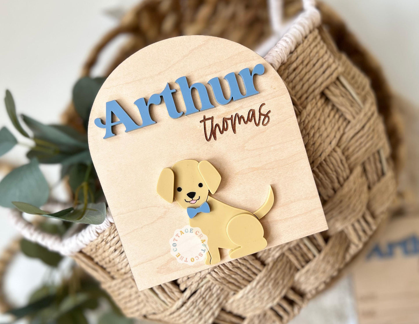 Golden Retriever Baby Name Annoucement Sign, Personalized Baby Birth Announcement Sign, Puppy Nursery Keepsake Decor