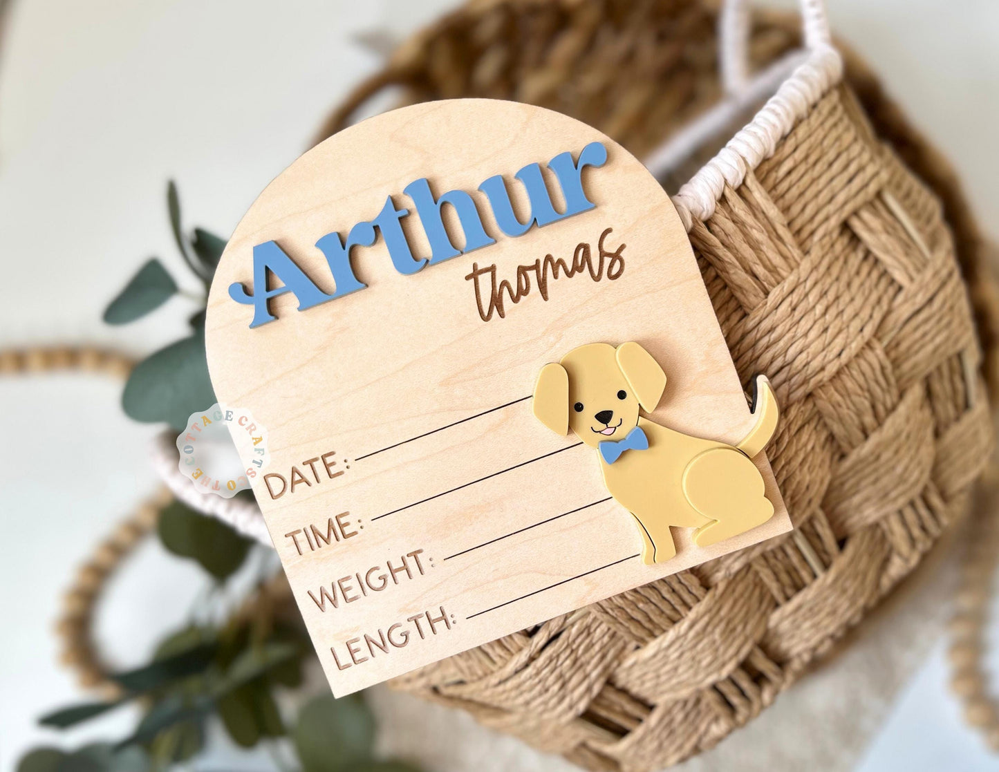 Golden Retriever Baby Name Annoucement Sign, Personalized Baby Birth Announcement Sign, Puppy Nursery Keepsake Decor