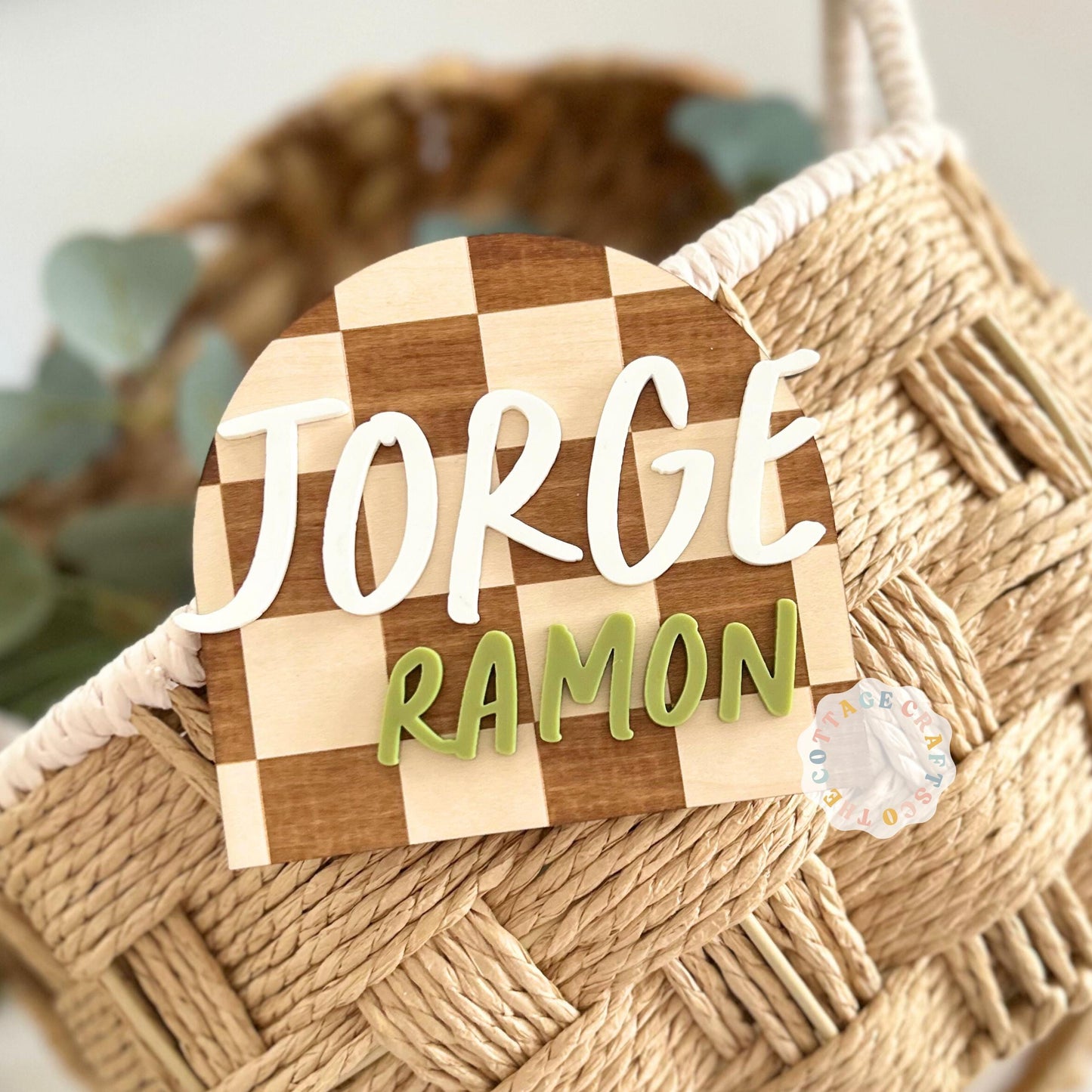 Checkered Baby Birth Name Announcement Sign: Arch Wood Name Photo Pro, Personalized Wooden Baby Name, Newborn Announcement Photo