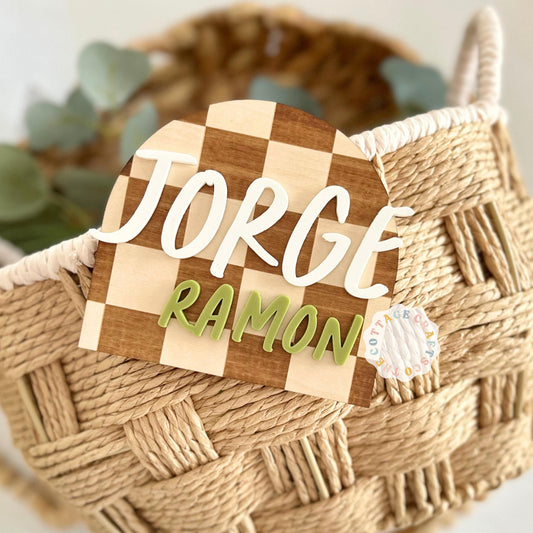 Checkered Baby Birth Name Announcement Sign: Arch Wood Name Photo Pro, Personalized Wooden Baby Name, Newborn Announcement Photo