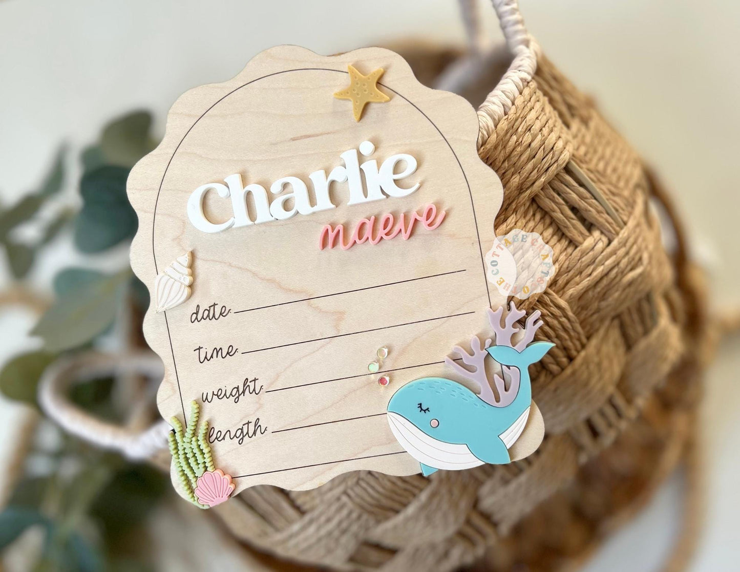 Personalized Baby Birth Announcement Sign, Ocean Theme Wooden Nursery Decor