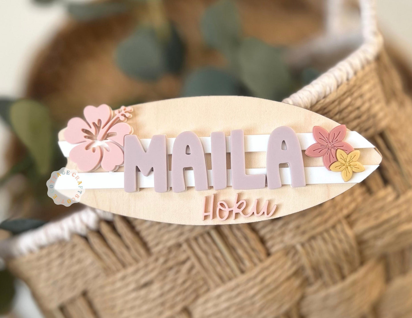 Personalized Surfboard Baby Name Sign, Girl Nursery Wall Decor, Newborn Baby Name Sig, Pink Floral,Surf Board Name, Baby Shower Gift