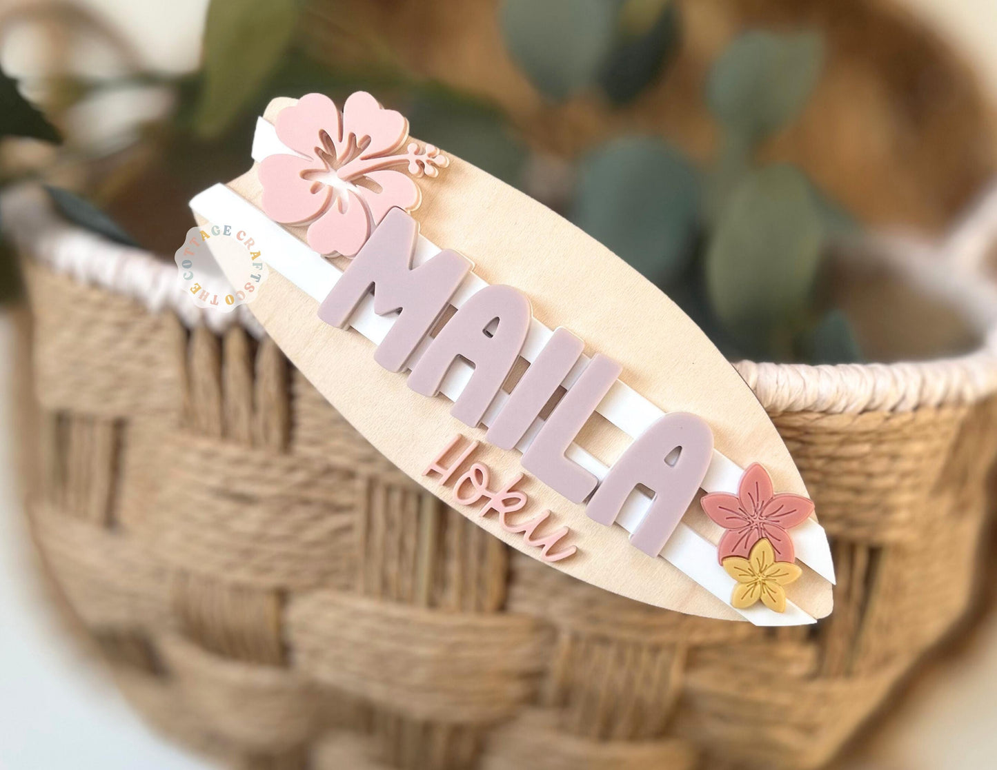 Personalized Surfboard Baby Name Sign, Girl Nursery Wall Decor, Newborn Baby Name Sig, Pink Floral,Surf Board Name, Baby Shower Gift