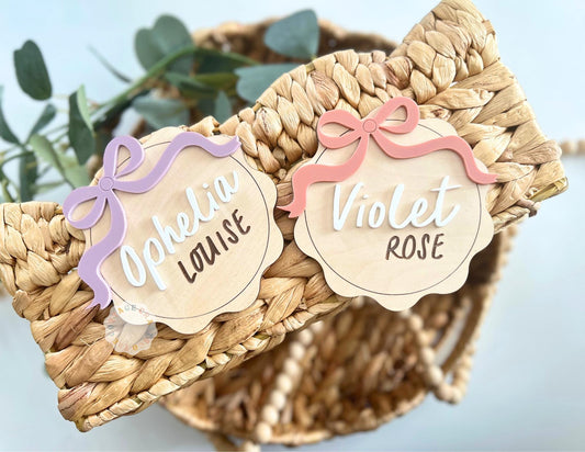 Bow Baby Annoucement Sign, Wooden Baby Name Announcement, Newborn Hospital Photo Prop,Baby Name Reveal Keepsake