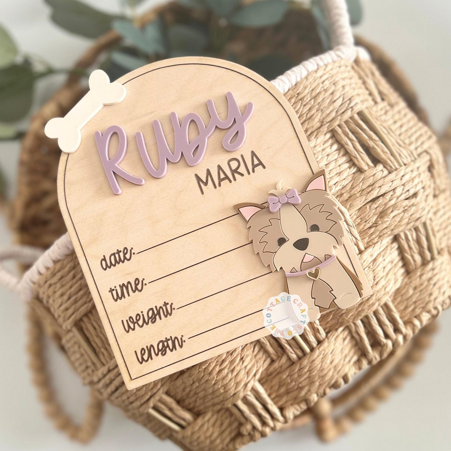 Yorkie, Dog Baby Name Annoucement Sign, Personalized Baby Birth Announcement Sign, Puppy Nursery Keepsake Decor