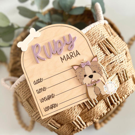 Yorkie, Dog Baby Name Annoucement Sign, Personalized Baby Birth Announcement Sign, Puppy Nursery Keepsake Decor