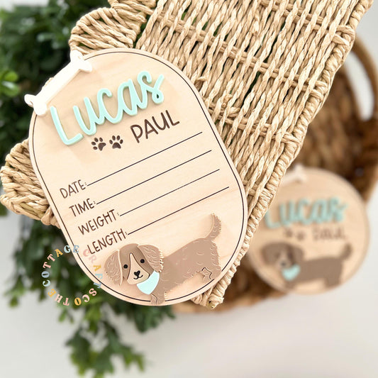 Dachshund Baby Name Sign, Personalized Puppy Birth Announcement, Custom Newborn Name Plaque, Dog Nursery Decor, Baby Name Reveal Keepsake