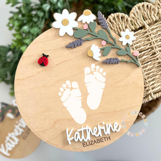 Personalized Floral Baby Footprint Sign, Newborn Name Announcement, Custom Baby Girl Nursery Decor, Wooden Birth Keepsake, Baby Shower Gift