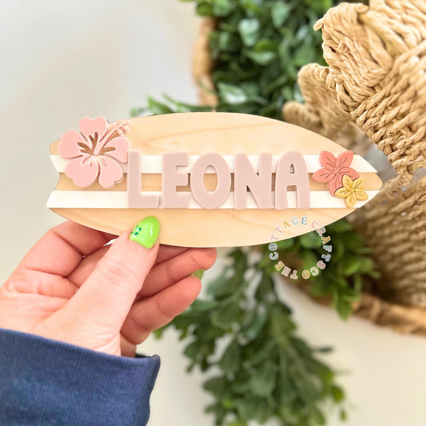 Personalized Surfboard Baby Name Sign, Girl Nursery Wall Decor, Newborn Baby Name Sig, Pink Floral,Surf Board Name, Baby Shower Gift